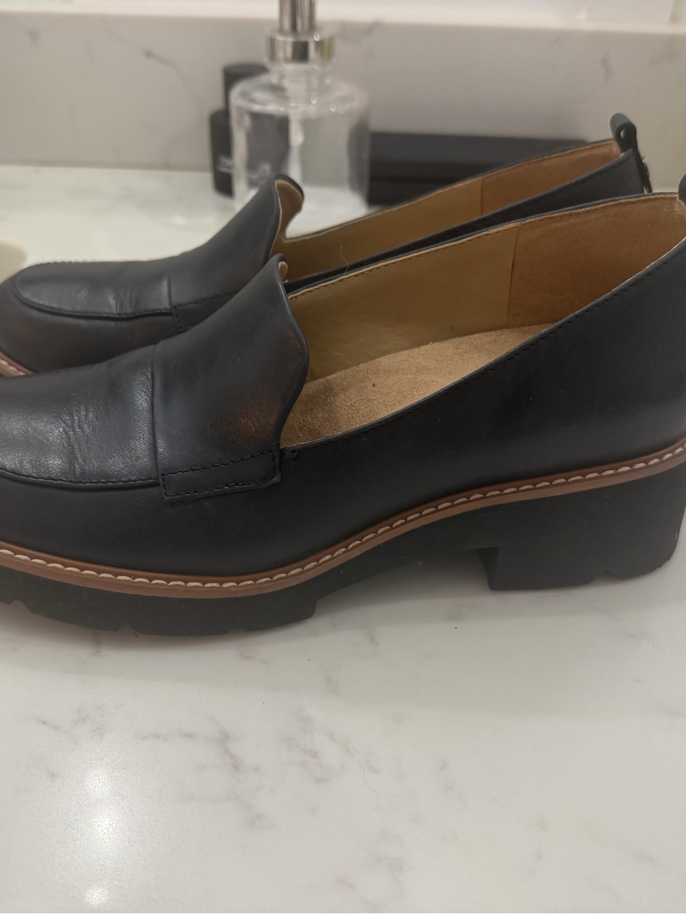 Naturalizer Black Leather Platform Loafers with Tan Trim